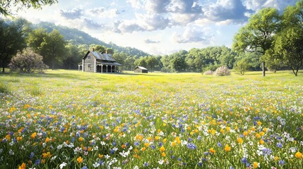 Obraz premium A picturesque field of wildflowers with a serene house and lush trees under a cloudy sky.