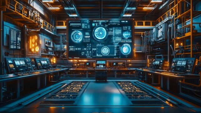Sci-fi industrial control room with floating holographic panels and intricate machinery