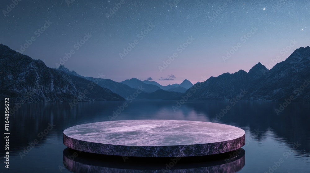 Poster serene mountain lake with floating circular platform at twilight.