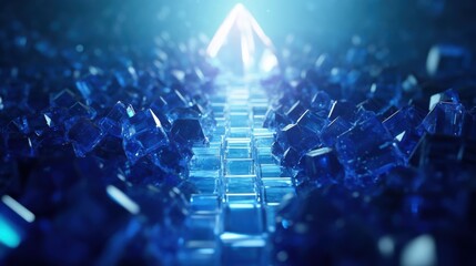 Obraz premium Futuristic blue crystal landscape with glowing pyramid, digital art highlights innovation, technology, and abstract design, enhancing visual allure.
