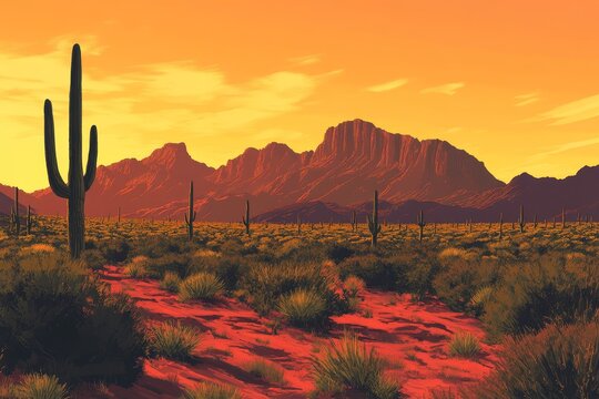 Sunset over Sonoran Desert landscape with saguaro cacti and mountains.