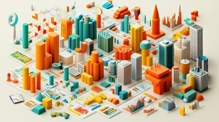 Vibrant Geometric Cityscape with Abstract Buildings and Charts