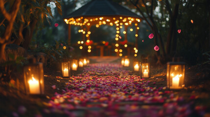 Obraz premium A romantic pathway decorated with rose petals, fairy lights, and lanterns, leading to a cozy gazebo at twilight
