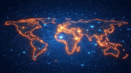Naklejka premium Vibrant Digital World Map with Bright Network Connections and Stars
