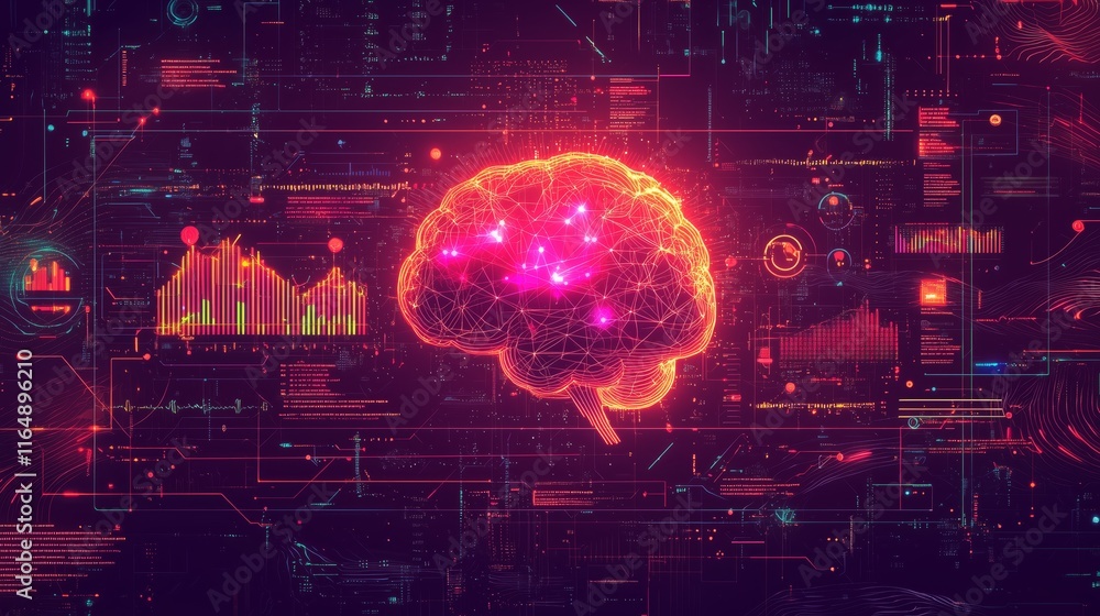 Poster futuristic digital brain with data visualization elements in neon colors