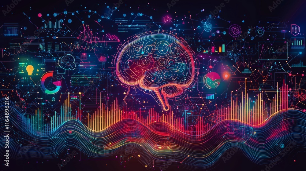 Poster colorful abstract brain illustration with data visualization elements