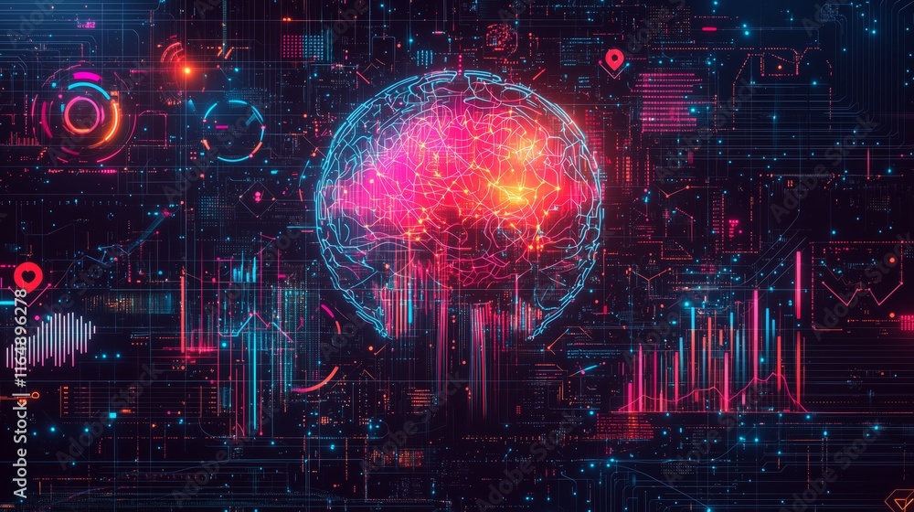 Aufkleber futuristic digital brain concept with colorful data visualization