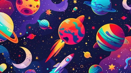 A vibrant space scene featuring planets, stars, and a rocket in a colorful cosmic background.