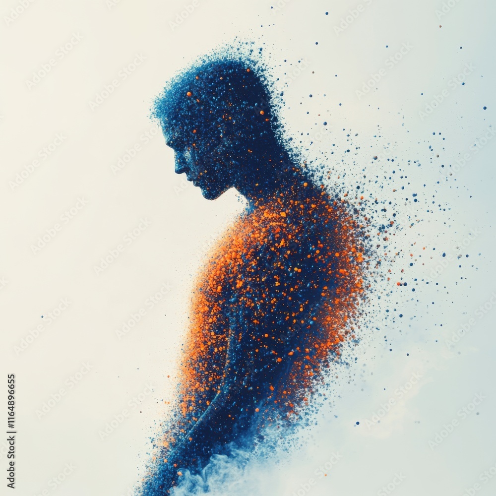 Poster ephemeral existence a man disintegrating into colorful particles abstract digital art