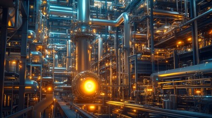 Fototapeta premium Futuristic industrial facility with glowing energy cores and advanced robotic machinery, surrounded by dense metallic structures