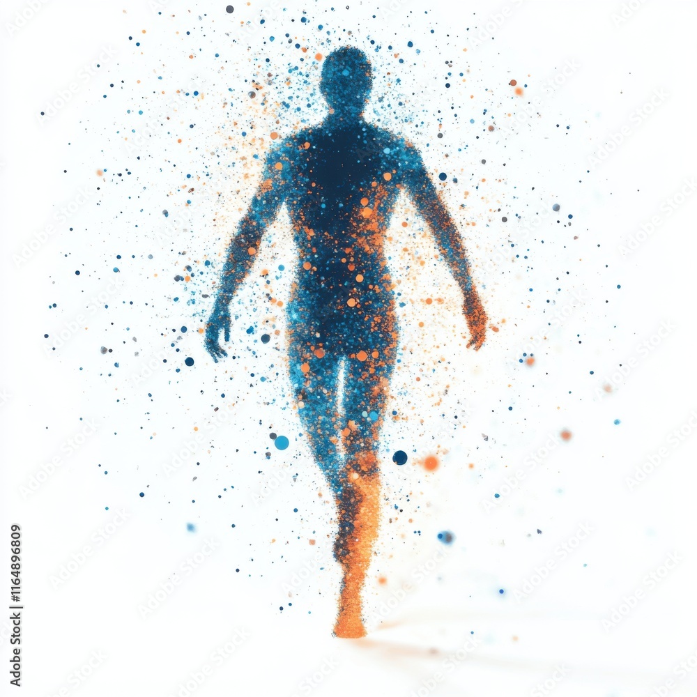 Poster abstract human form disintegrating into colorful particles: a surreal digital art piece