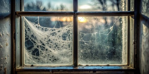 Naklejka premium Dusty Pane with Sunlit Cobwebs in an Old Window