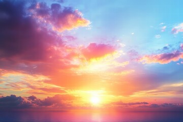 Obraz premium Colorful Sky at Sunrise Over Tranquil Ocean with Dramatic Clouds and Vibrant Color Palette Enhancing Serenity and Beauty of Nature