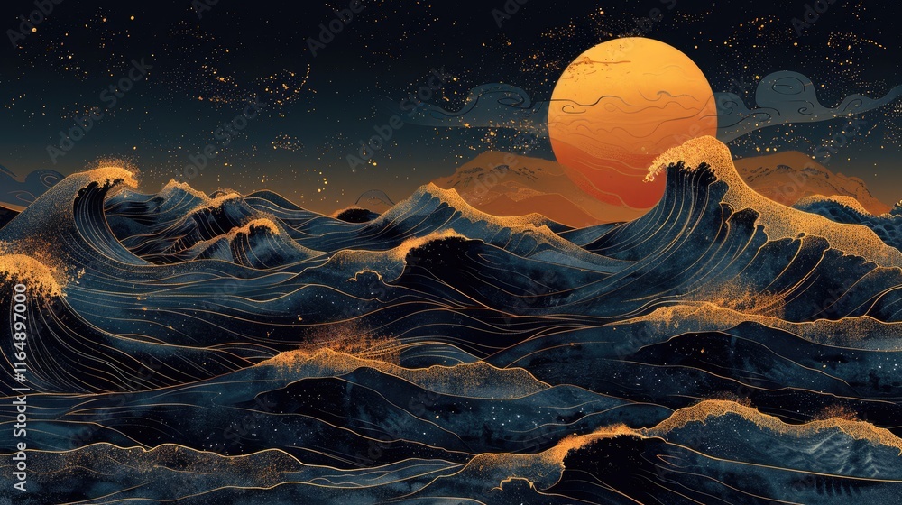Poster a stylized ocean scene with waves and a large sun setting in the background.