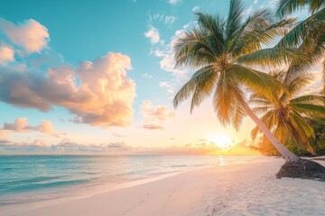 Idyllic tropical sunset beach scene with palm trees, clear water, and soft sand.