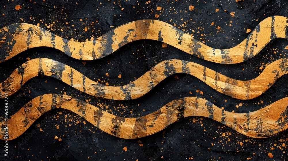 Poster abstract design featuring wavy golden lines on a textured black background with splashes.