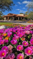 Vibrant Flowers Bloom Before Southwestern Building