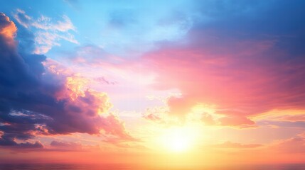 Obraz premium Vibrant Colorful Sky at Sunset with Dramatic Clouds and Soft Light over the Horizon