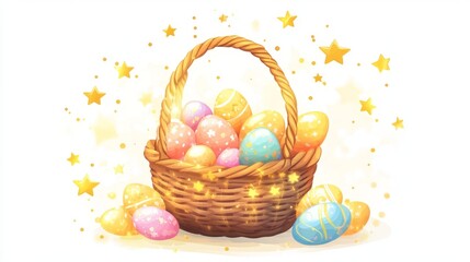 Whimsical Easter Basket under Starry Night Sky - Cartoon Style Illustration