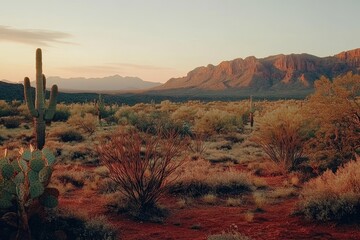Sunset over desert landscape with cacti and mountains. (1)