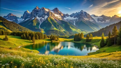 Serene Mountain Lake at Golden Hour Alpine Meadow and Majestic Peaks Reflecting in Tranquil Waters