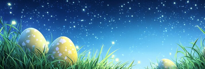 Fototapeta premium Enchanting Easter Night with Glowing Eggs in Cartoon Style | Magical Holiday Scene with Stars on White Background