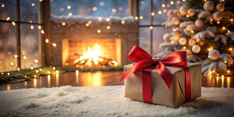 Cozy winter scene with a gift by a fireplace and decorated tree