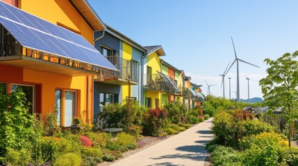 A neighborhood of eco-friendly homes with vibrant solar panels, wind turbines in the distance, sunny and cheerful atmosphere 