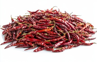 Fototapeta premium Dried red chili peppers pile isolated on white.