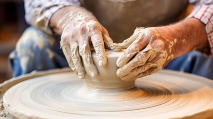 Potter shaping clay pot