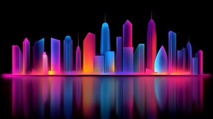 Neon cityscape reflection at night.