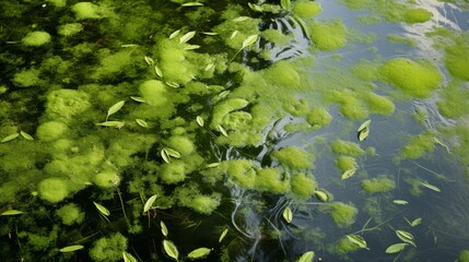 algae in a lake, creating a fluid, organic pattern with vibrant greens and blues