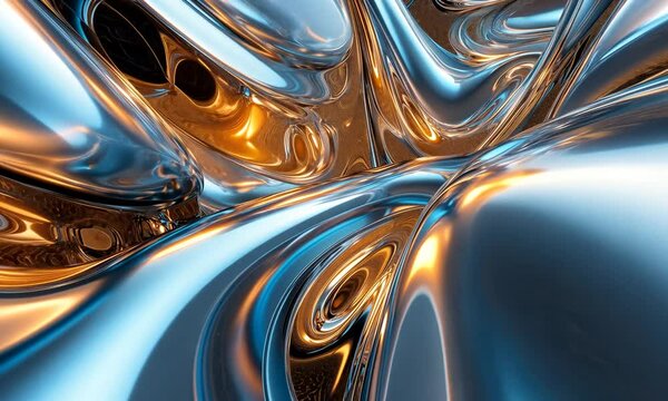 Abstract liquid metal 3D rendering with blue and gold hues, showcasing smooth, flowing forms and reflective surfaces.