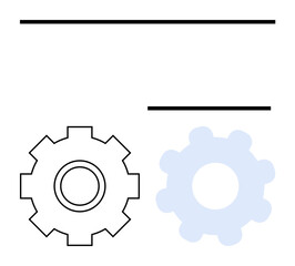 Two gear shapes, one outlined and one shaded, with horizontal lines above and below. Ideal for teamwork, engineering, process design, synchronization, minimal design, systems abstract line flat
