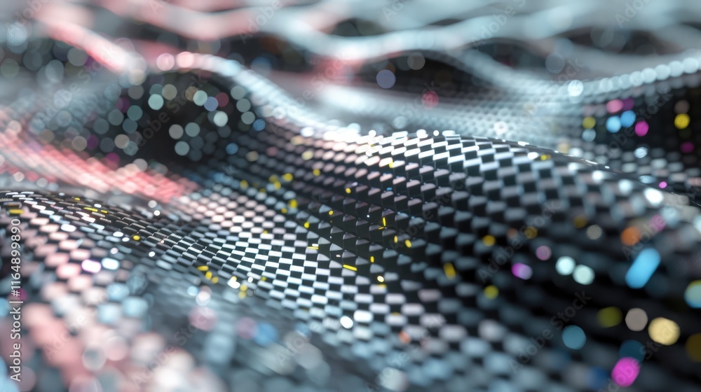 Poster a textured surface with shimmering patterns and colors, resembling waves or digital art.