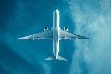 Airplane flying above clouds, viewed from below.