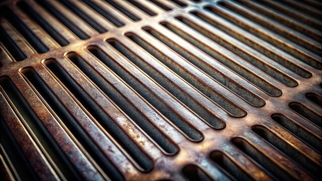 Close-up view of a weathered metallic grate with parallel elongated slots exhibiting a textured surface and warm tone