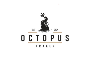 Octopus Logo Old Retro Vintage Design Ocean Animal Vector Tentacle Illustration Template