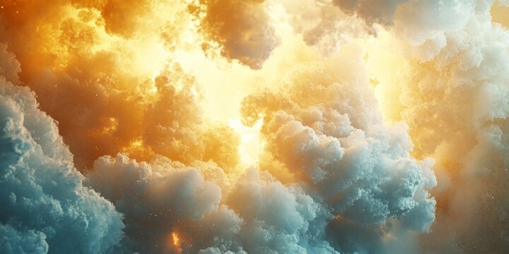 A dramatic and abstract view of clouds with fiery orange light breaking through. The clouds are textured and layered, with a sense of depth and movement, creating a powerful and ethereal atmosphere.