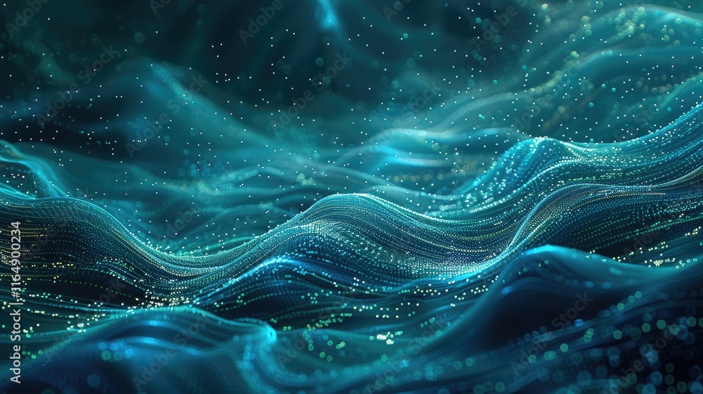 Poster abstract digital waves with glowing particles create a serene underwater atmosphere.