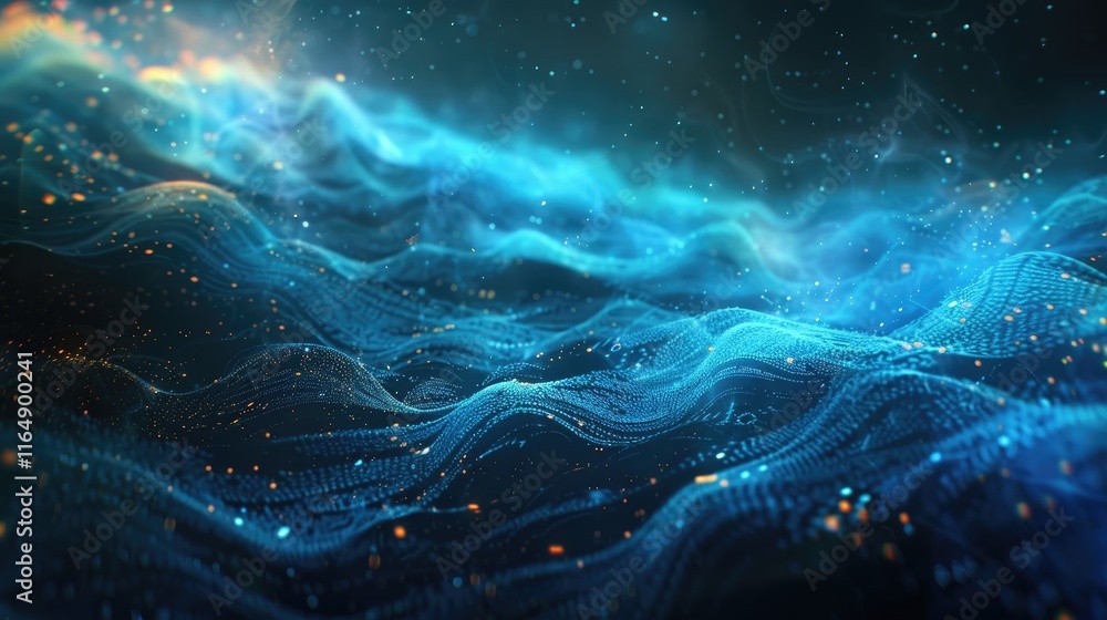 Poster abstract digital waves with glowing particles in a dark space.