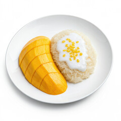 Delicious mango with sticky rice topped with coconut cream and mung beans