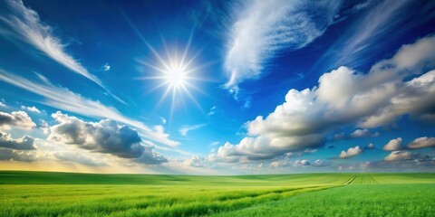 Obraz premium Serene landscape of a sunlit verdant field under a vibrant blue sky with fluffy clouds