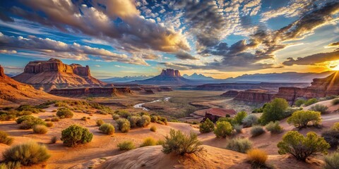 Naklejka premium Arid Landscape at Sunset Dramatic Sky Over Sandstone Formations and Desert Flora