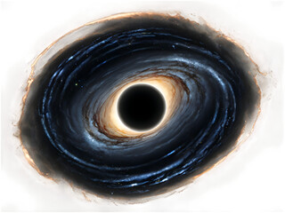 A swirling black hole with detailed event horizon and glowing accretion disk.
