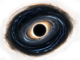 A swirling black hole with detailed event horizon and glowing accretion disk.
