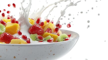 Fresh fruit and milk splash in a bowl, featuring strawberries, mango, pomegranate, and kiwi. Perfect for healthy breakfast.