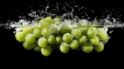Green Grapes Splashing Into Water Against Black Background