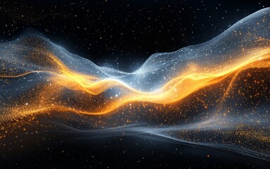 abstract digital waves of blue and orange light in a dark space, swirling and dancing around a central point. The movement of the waves creates a feeling of energy and dynamism.
