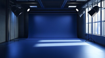 A spacious room with a smooth navy background, evoking calm and professionalism for product presentation